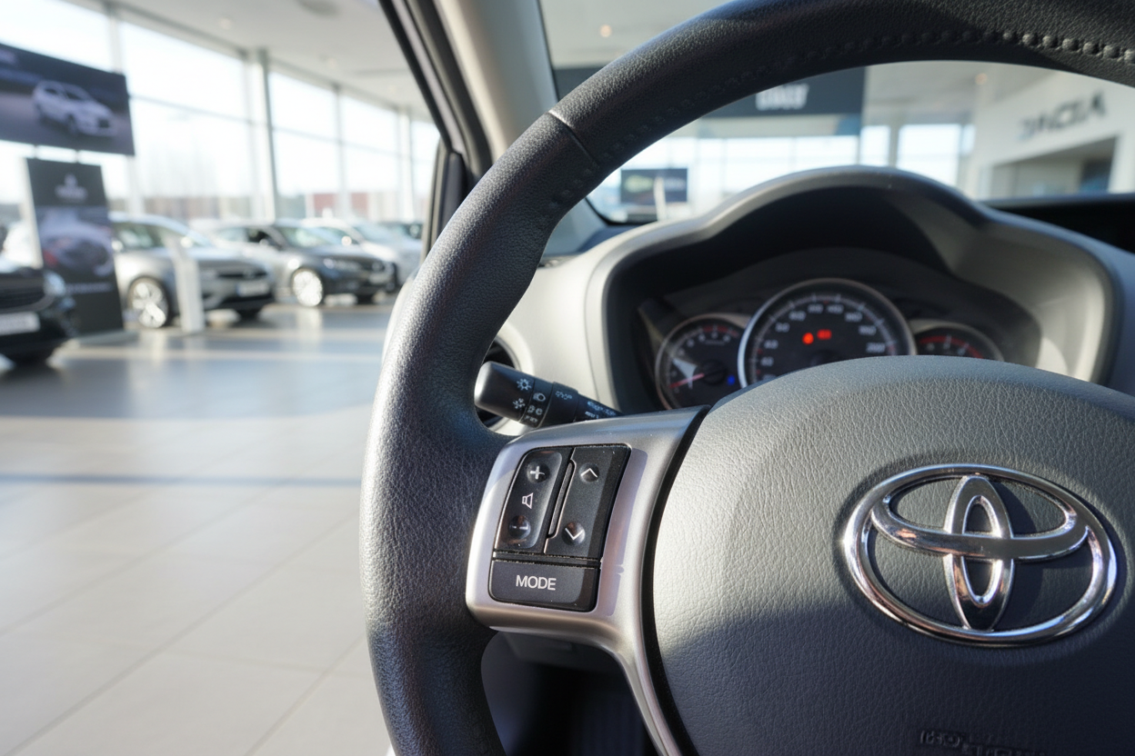 Toyota Lenkrad mit Multifunktionstasten im Innenraum eines Toyota-Autohauses