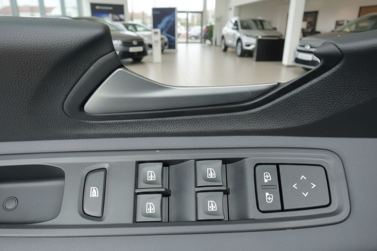 Fahrzeug Innenraum Türverkleidung mit Fensterheberschalter und Spiegelverstellung im Autohaus