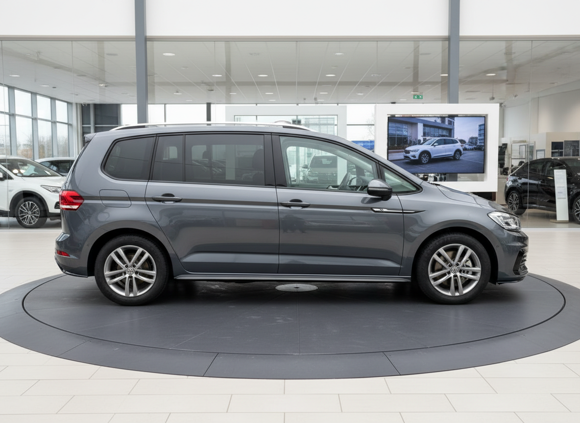 VW Volkswagen Touran grau metallic Seitenansicht im Autohaus Showroom