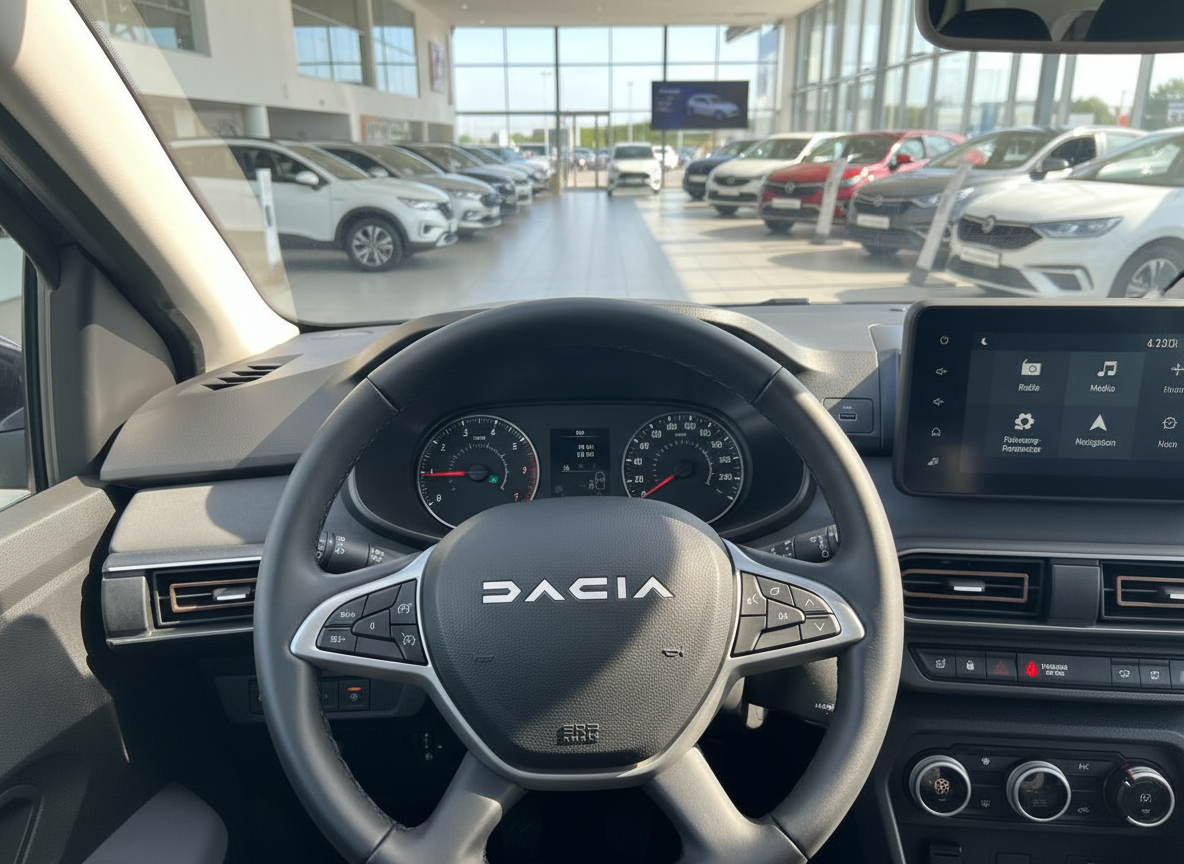 Dacia Innenraum Cockpit mit Lenkrad, Tacho und Infotainment-Display im Autohaus