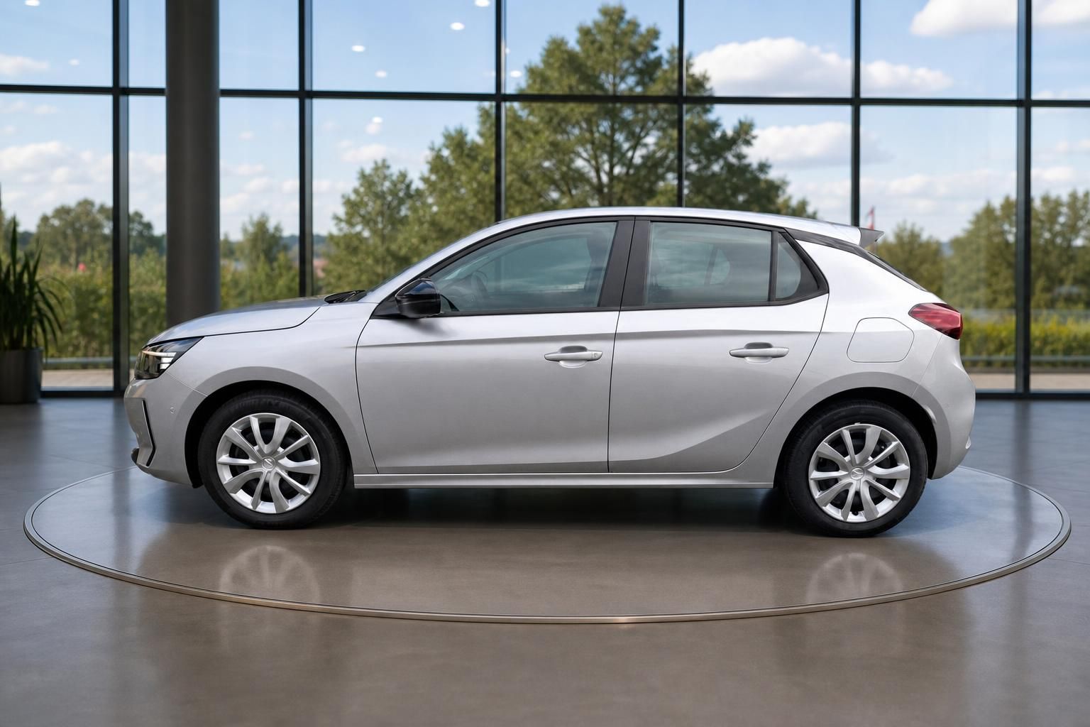 Opel Corsa silber Seitenansicht im Autohaus Showroom