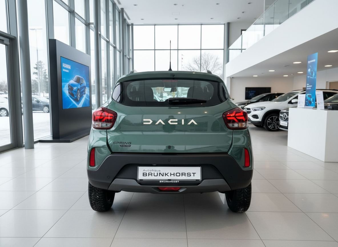 Dacia Spring Elektro in Grün, Heckansicht im Autohaus Brunkhorst Showroom