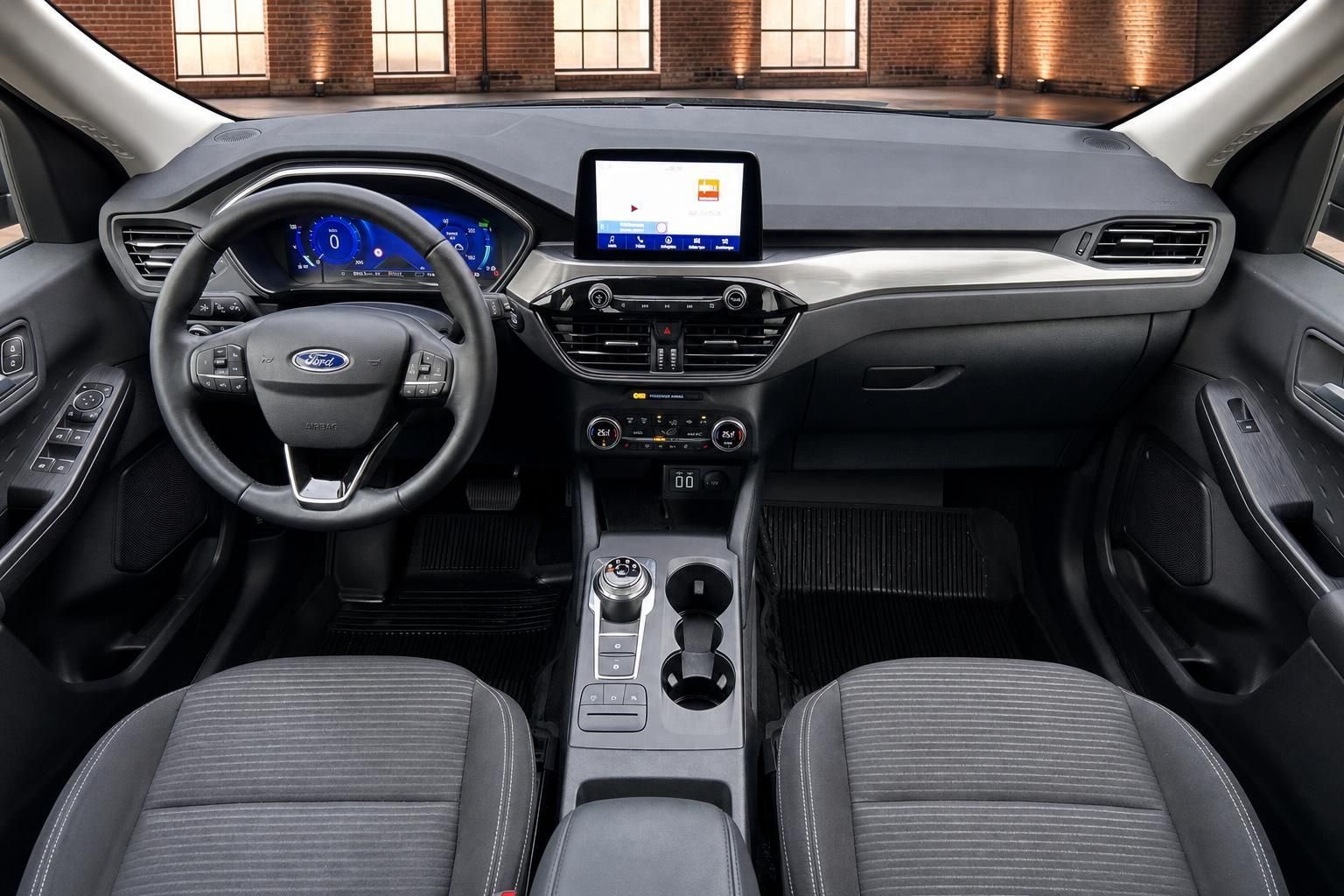 Ford Cockpit Frontansicht mit Lenkrad, Sitzen und Mittelkonsole