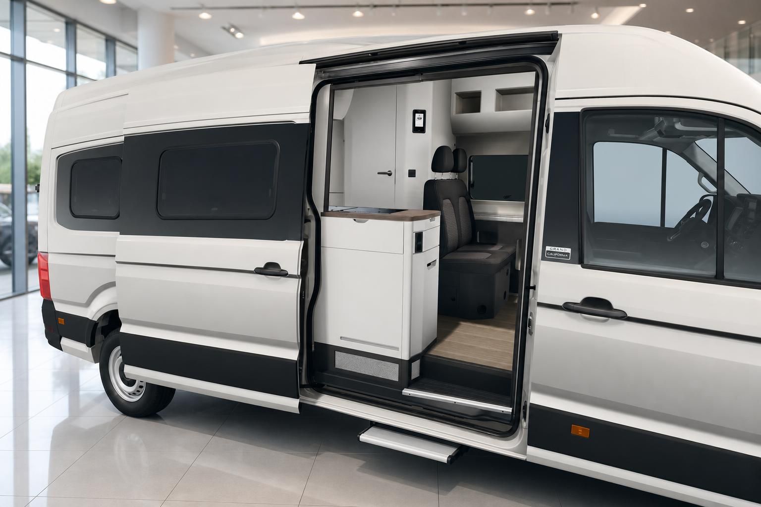 VW Grand California mit geöffneter Schiebetür und Küchenzeile im Innenraum
