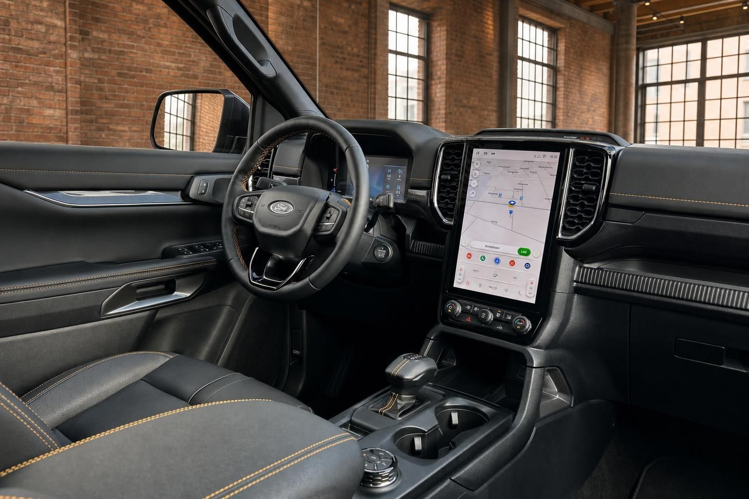 Ford Ranger Wildtrak Cockpit mit großem Touchscreen-Infotainment und Lederausstattung in schwarz