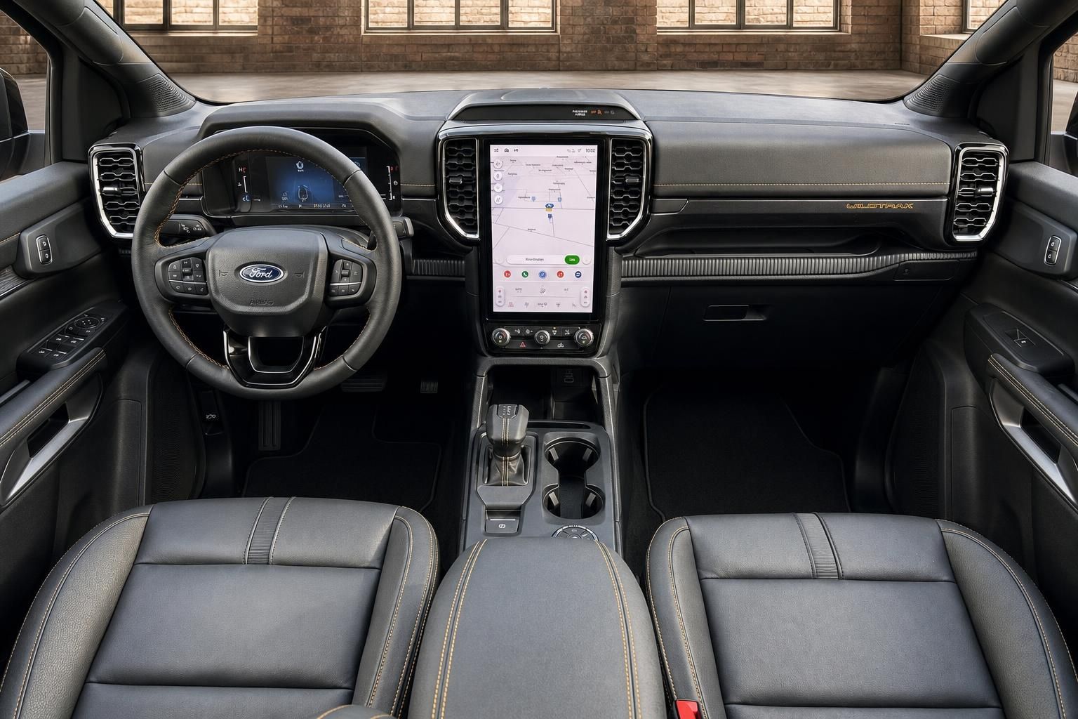 Ford Ranger Wildtrak Innenraum Gesamtübersicht Armaturenbrett Leder schwarz großer Touchscreen