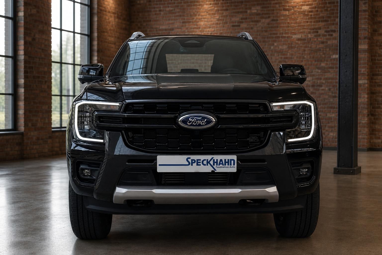 Ford Ranger schwarz Frontansicht – Kühlergrill mit Ford-Logo, LED-Scheinwerfer, Händlerschild Speckhahn