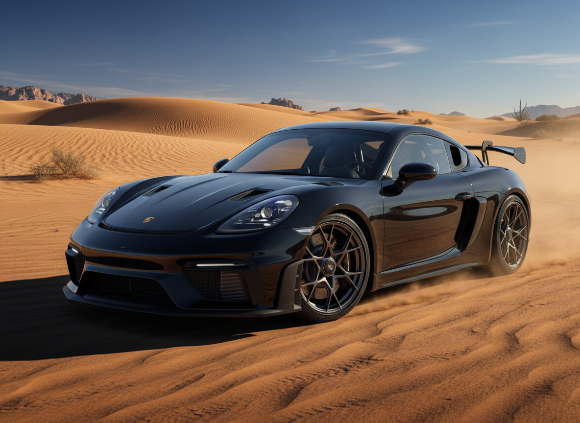 Schwarzer Porsche 718 Cayman GT4 in modernem Showroom mit roter LED-Beleuchtung, Seitenansicht des Sportwagens mit markanten Lufteinlässen und anthrazitfarbenen Felgen