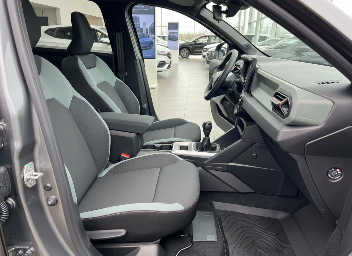 Fahrzeuginnenraum mit sportlichen Sitzen in Schwarz-Mint, Mittelkonsole mit Schaltgetriebe