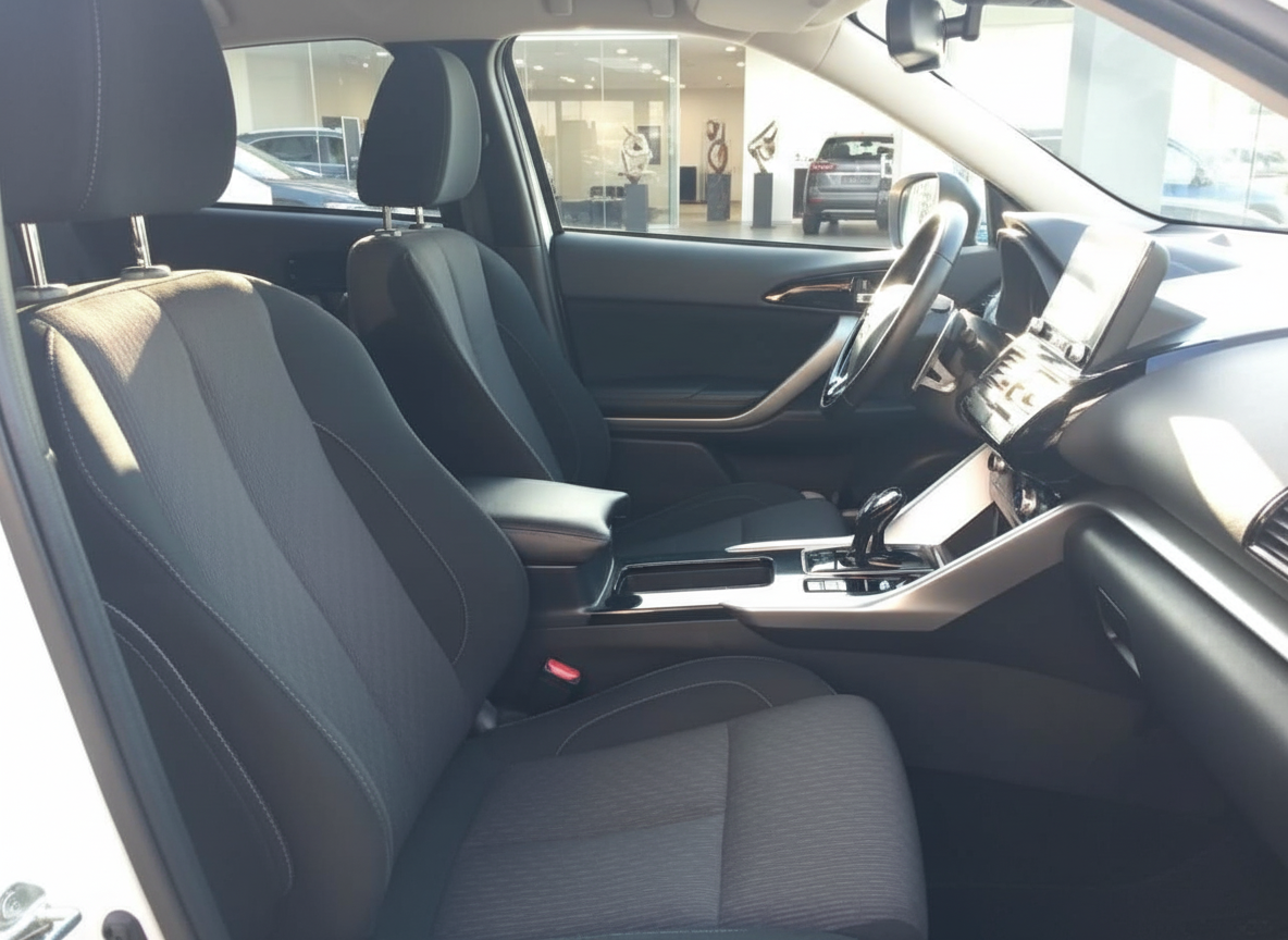 Fahrzeuginnenraum mit schwarzen Stoffsitzen, Mittelkonsole und Touchscreen-Infotainmentsystem