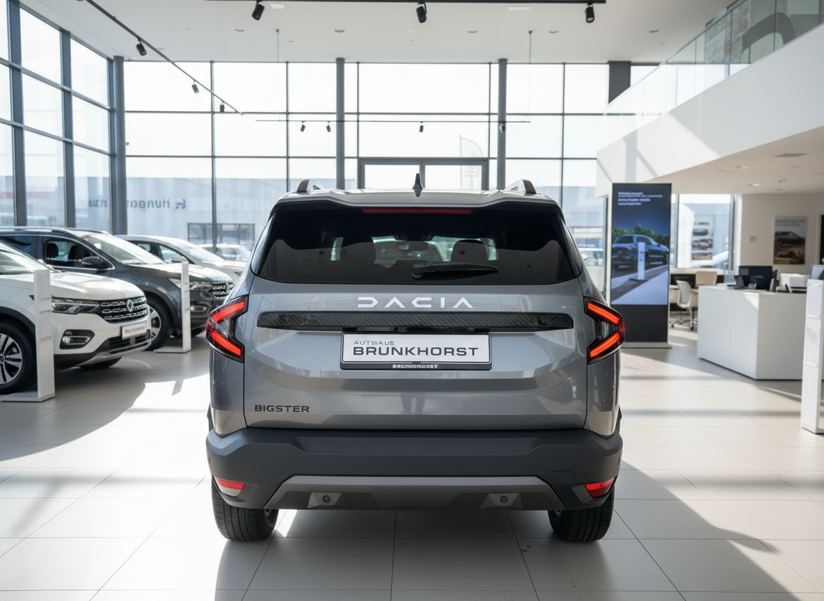 Dacia Bigster SUV in Grau – Heckansicht im Autohaus Brunkhorst Showroom