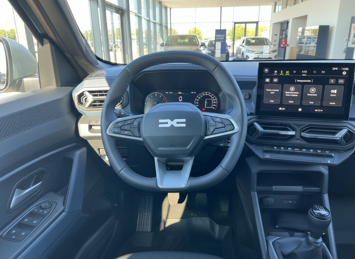 Dacia Innenraum mit Lenkrad, Cockpit und Infotainment-Display in modernem Autohaus