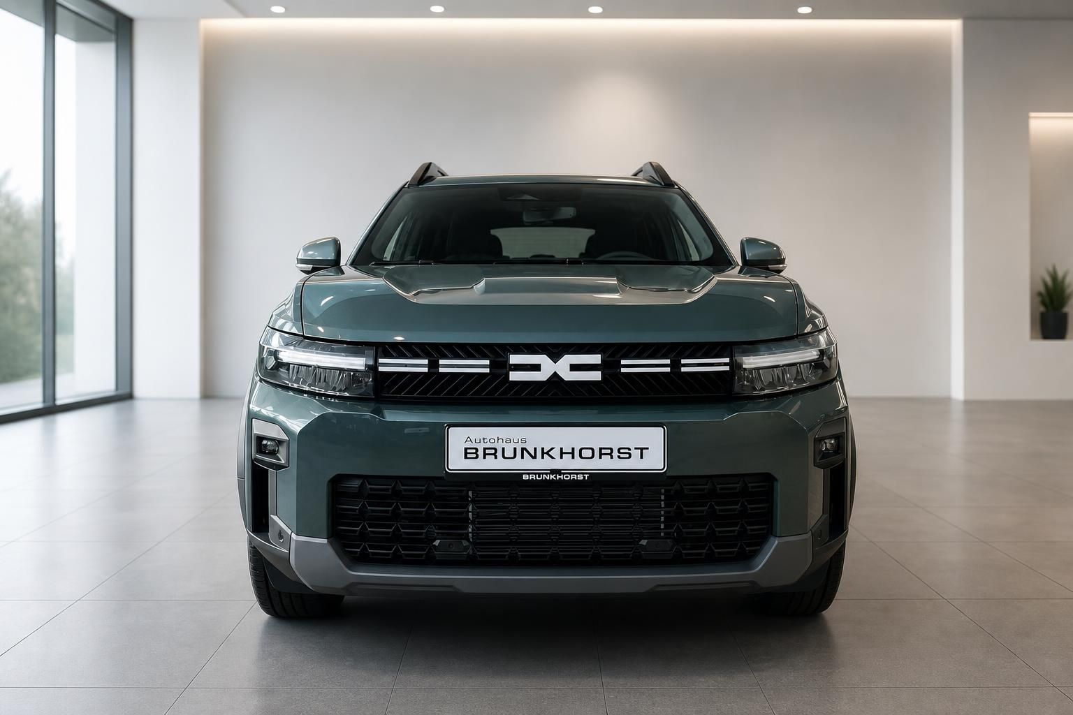 Dacia Bigster SUV Frontansicht in Grün - Kühlergrill und Scheinwerfer im Autohaus Showroom