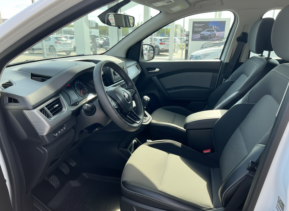 Renault Kangoo Innenraum Fahrersitz mit schwarzem Lenkrad und hellen Stoffsitzen