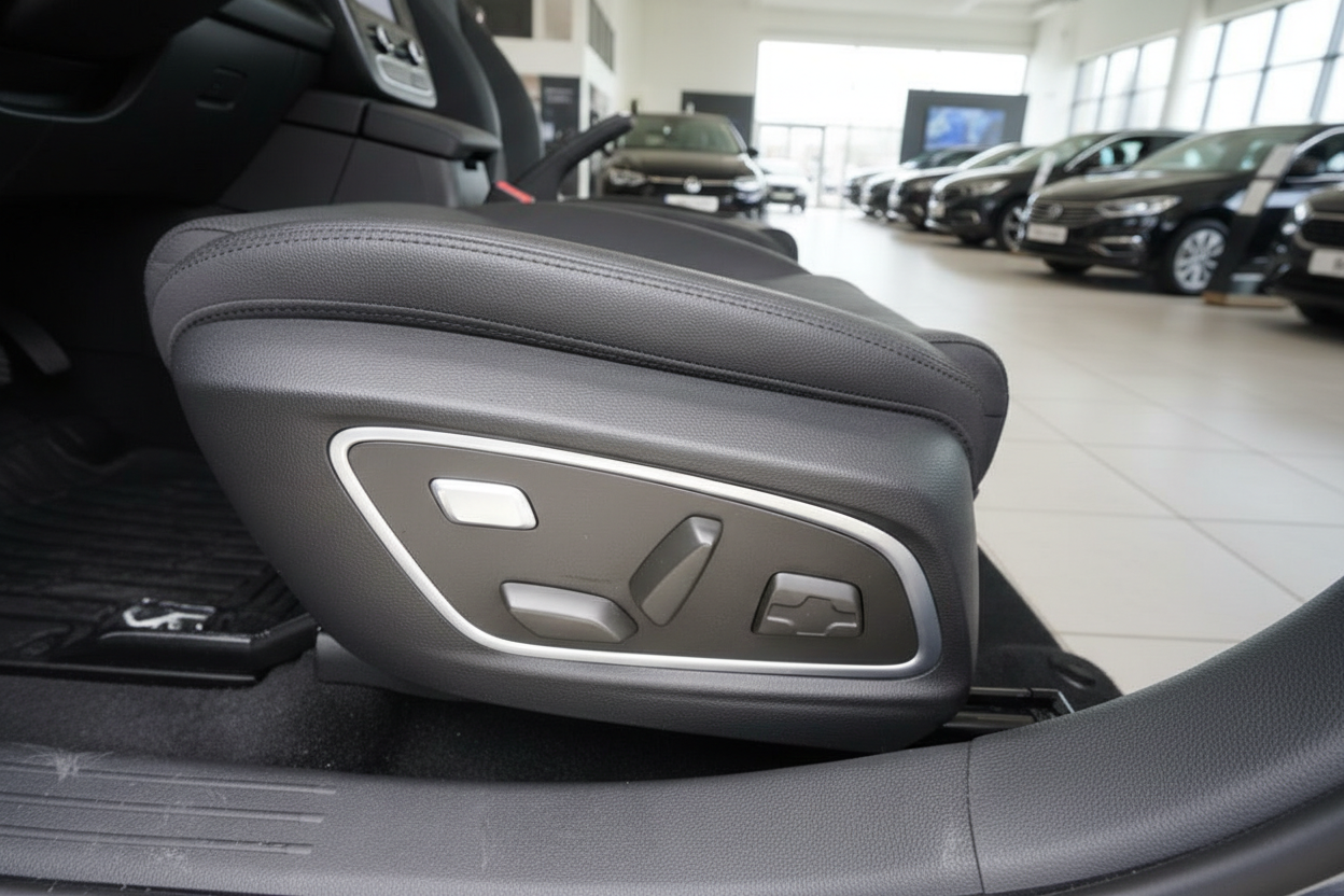 Elektrische Sitzverstellung Leder Innenraum Fahrzeugsitz mit Bedienelementen im Autohaus