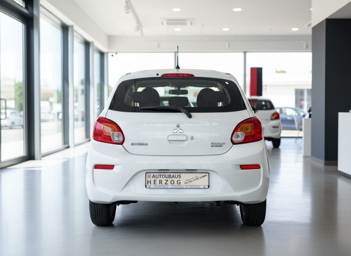 Weißer Mitsubishi Space Star Heckansicht im Autohaus Herzog Showroom