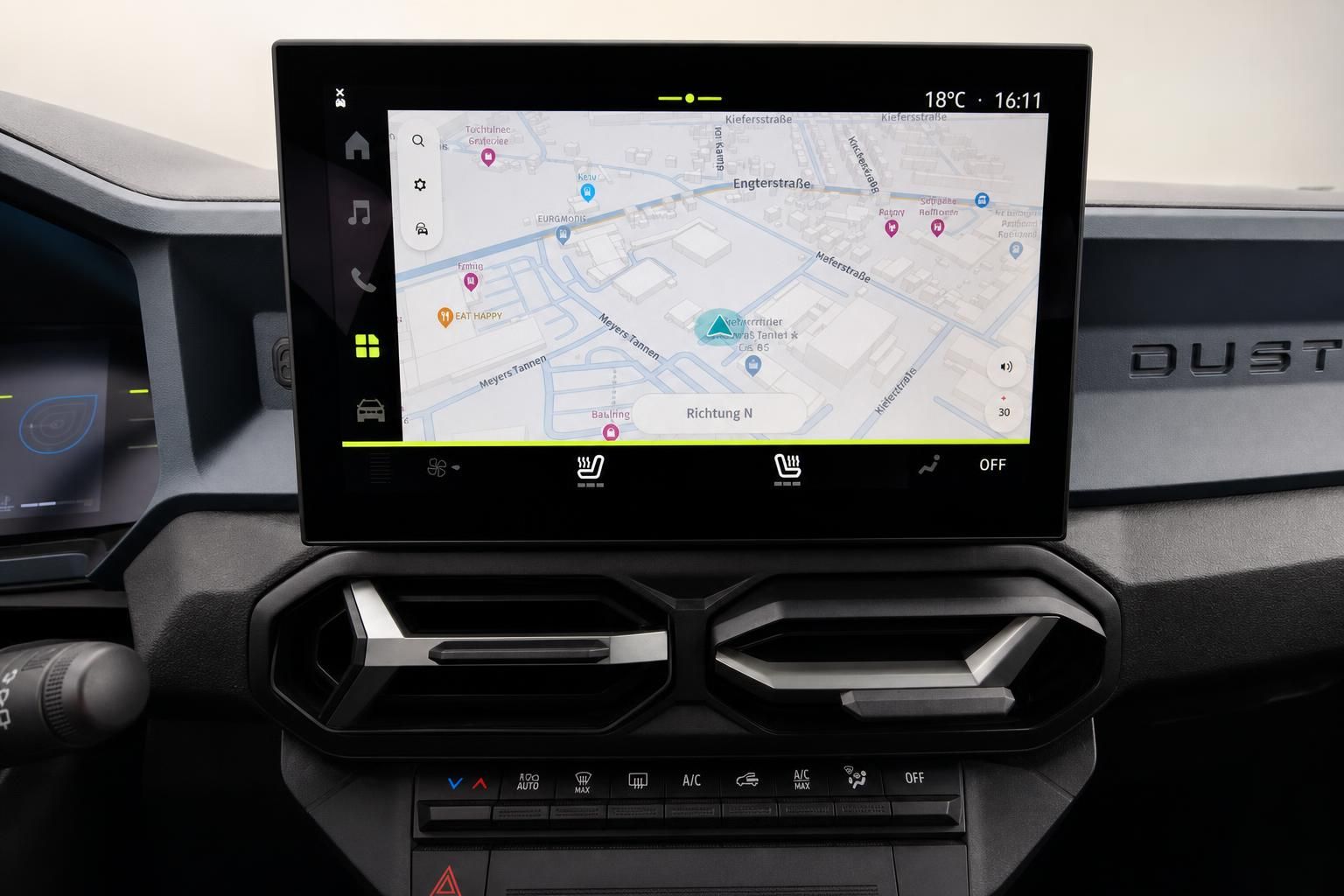 Dacia Duster Infotainment-Display mit Navigationskarte und Klimabedienung