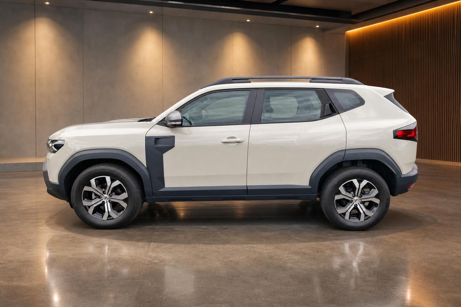Dacia Duster weiß Seitenansicht im Showroom
