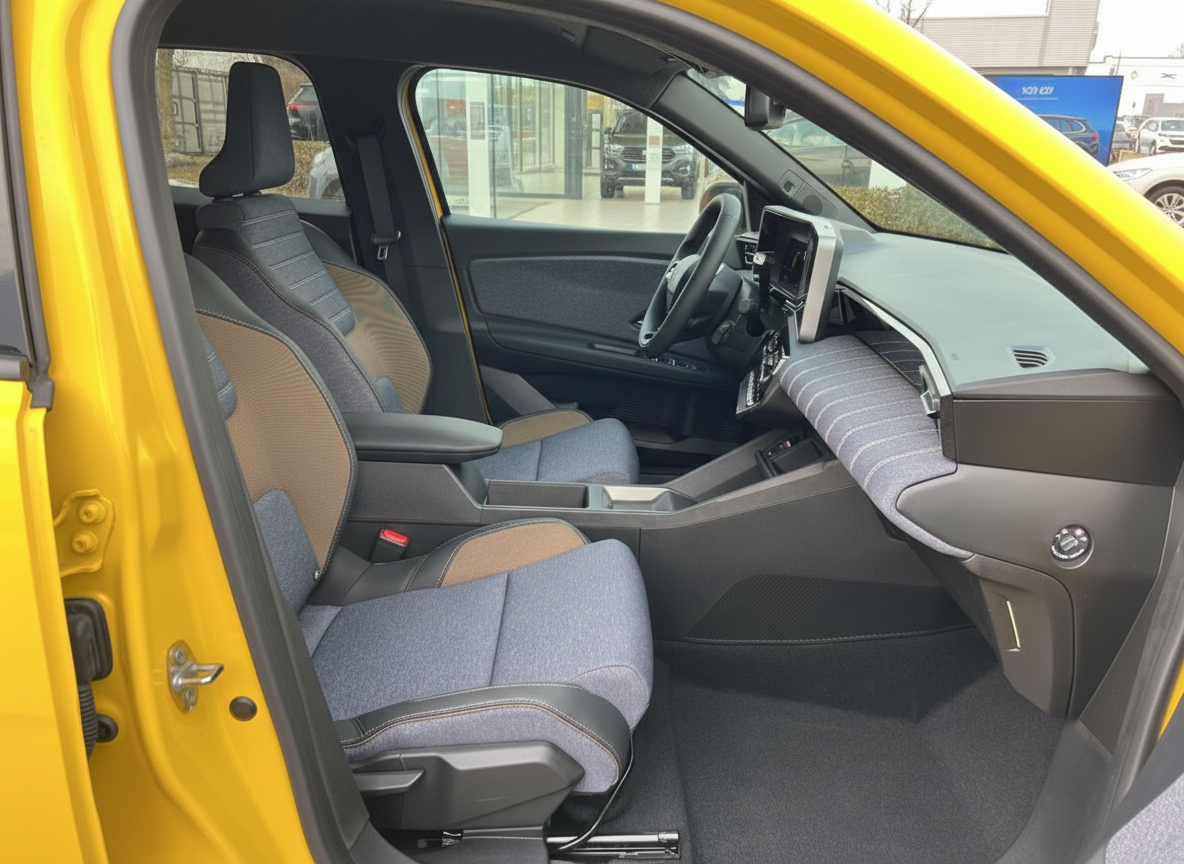 Renault Innenraum in Gelb mit modernem Cockpit, Stoff-Leder-Sitzen in Blau-Braun und digitalem Display