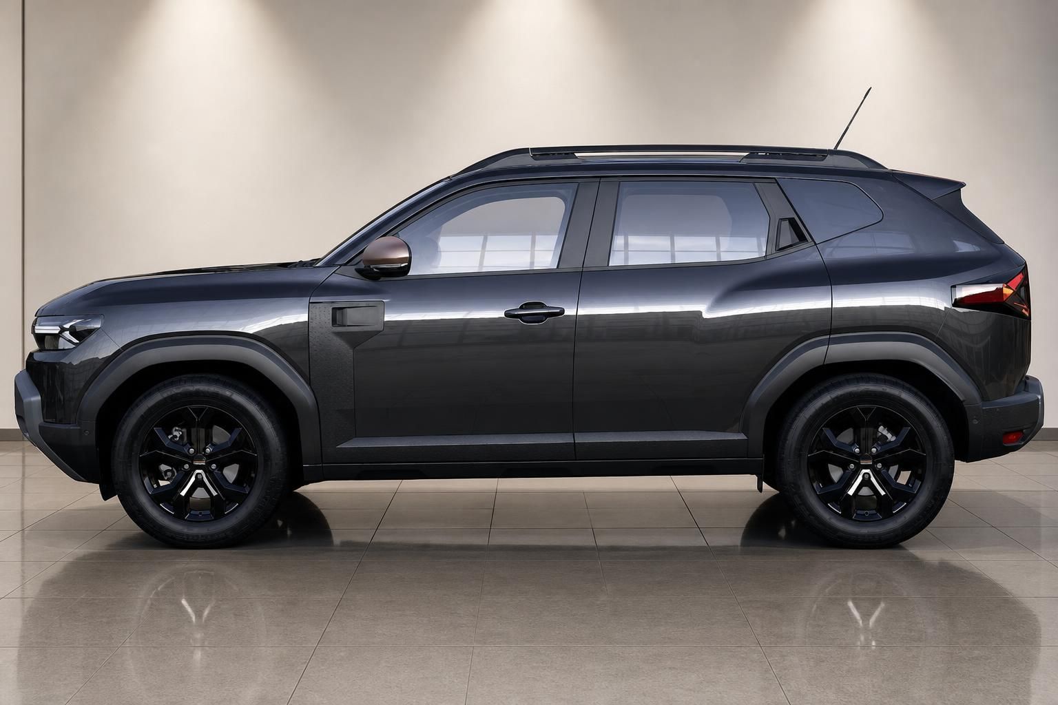 Dacia Duster SUV Seitenansicht in Grau mit schwarzen Felgen und robustem Offroad-Design