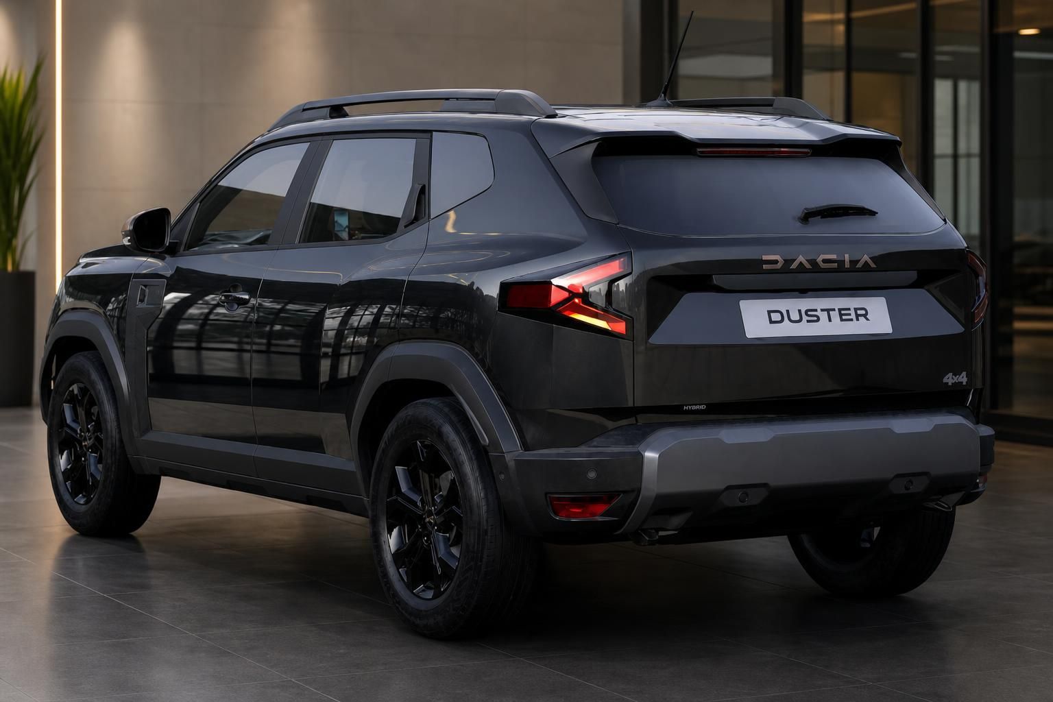 Dacia Duster SUV Heckansicht in Grau mit LED-Rückleuchten und modernem Design im Showroom