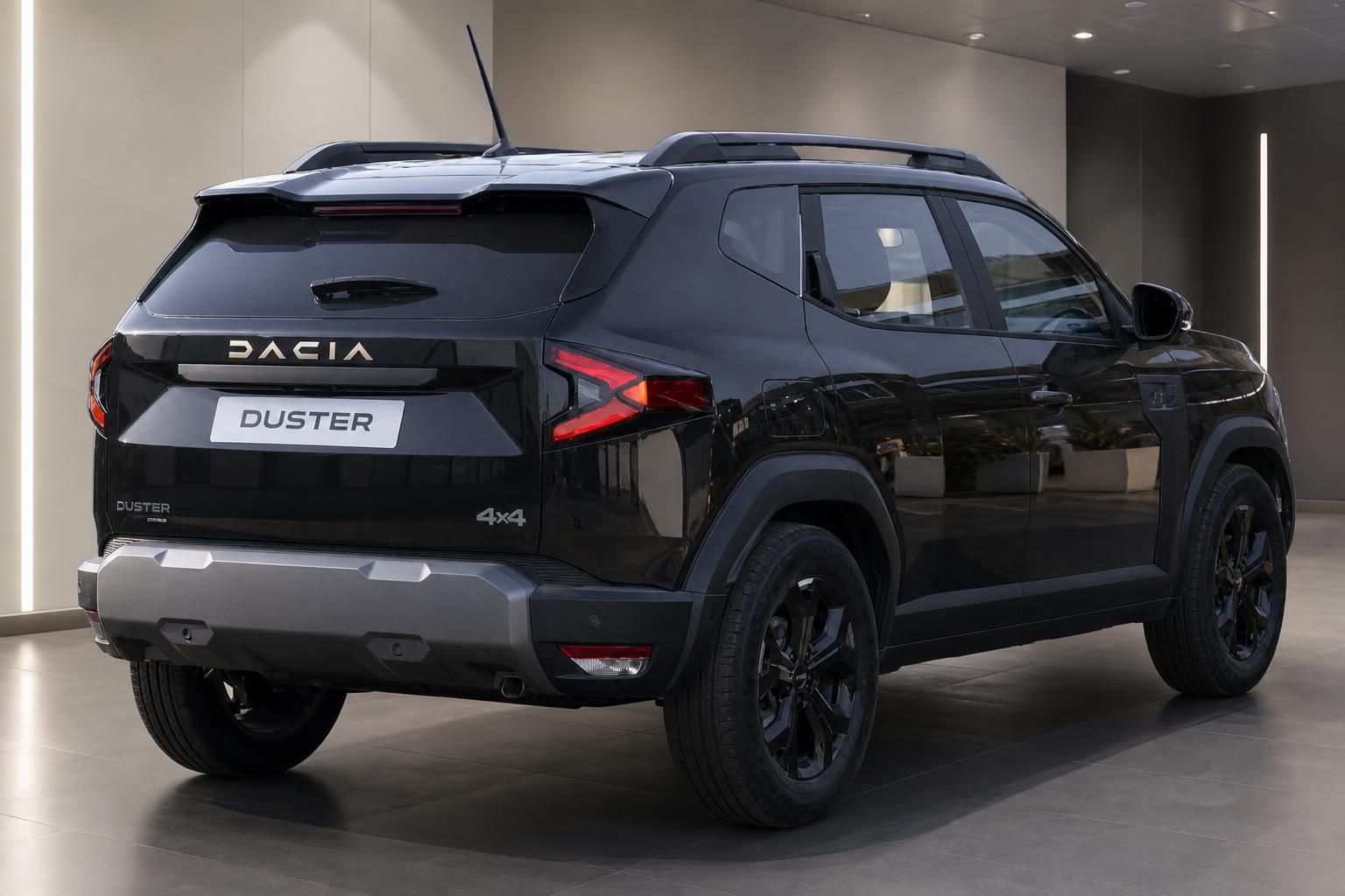 Dacia Duster SUV schräge Heckansicht in Grau mit 4x4 Allradantrieb und schwarzen Akzenten