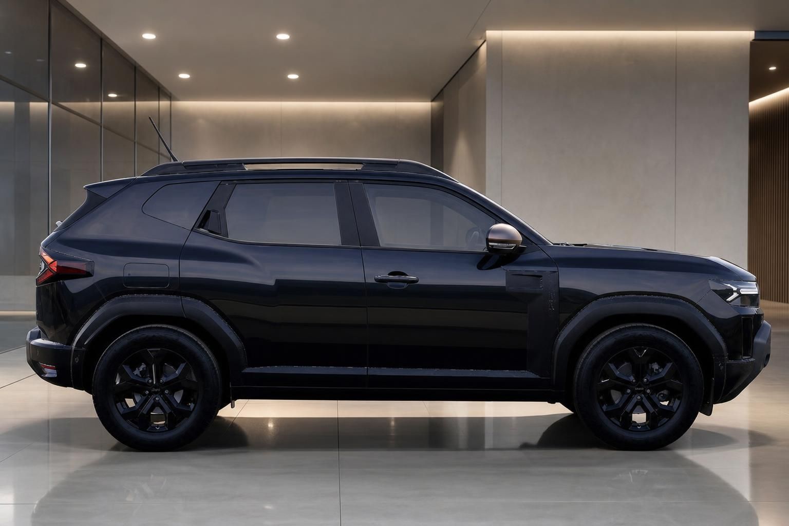 Dunkelblaues SUV Seitenansicht in modernem Showroom mit elegantem Design und schwarzen Felgen