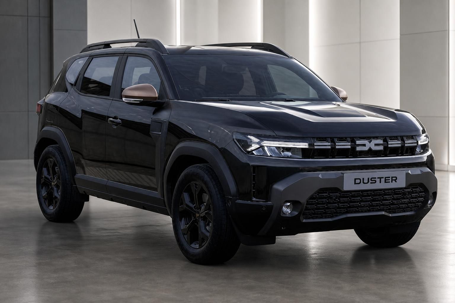 Dacia Duster SUV in dunkelgrau Dreiviertelansicht vorn mit modernem LED-Lichtdesign