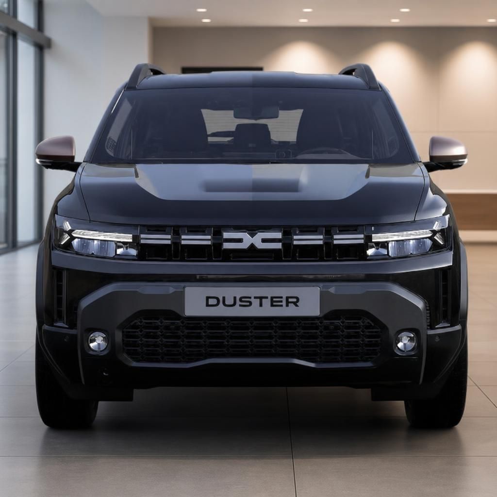 Dacia Duster SUV schwarz Frontansicht im Showroom mit modernem LED-Scheinwerfer-Design
