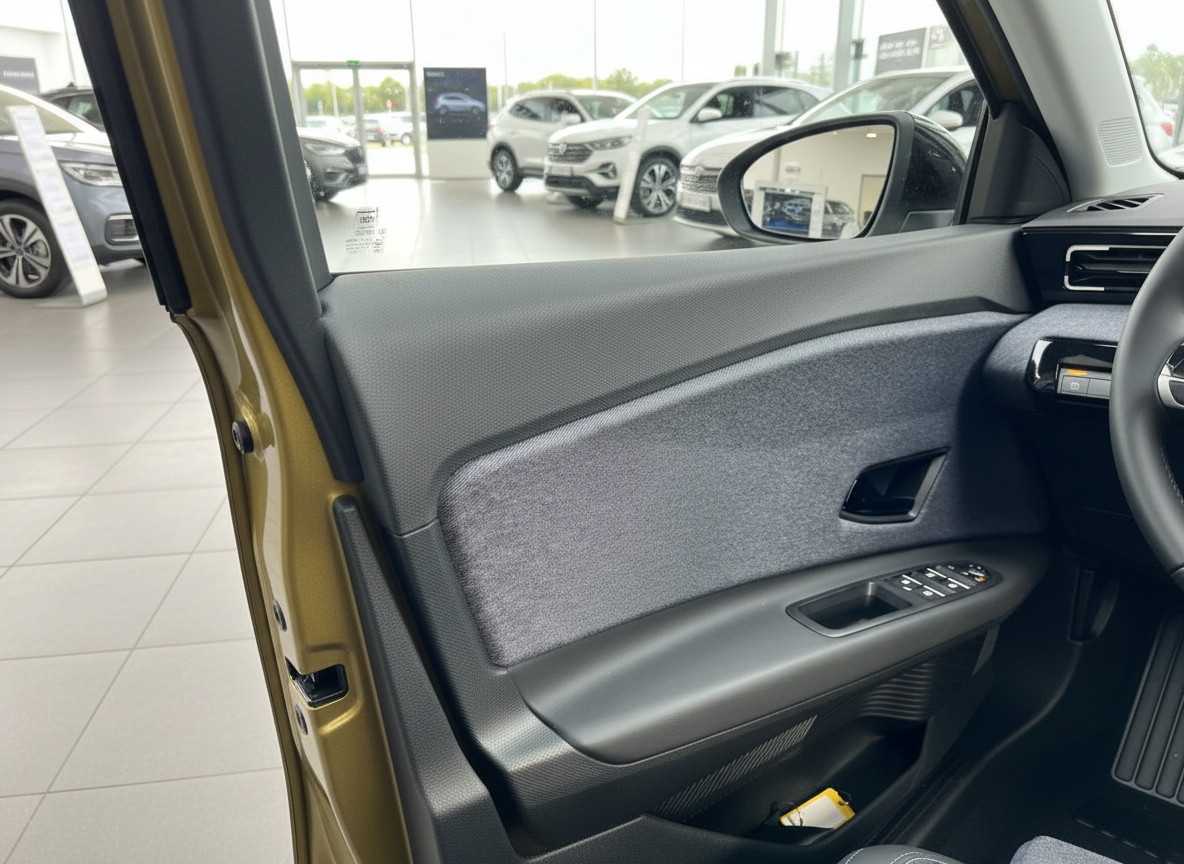 Fahrerseite Türverkleidung Innenraum goldenes Fahrzeug im Autohaus Showroom