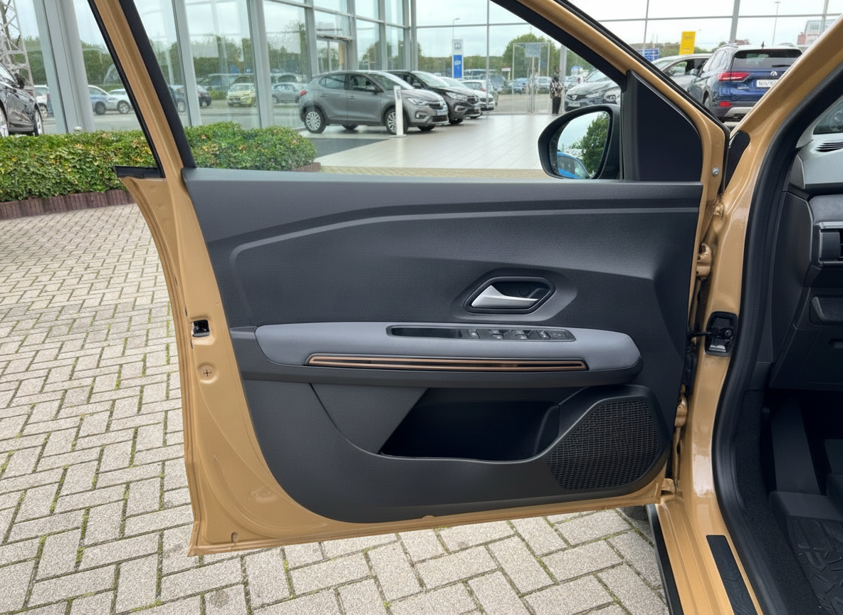Geöffnete Fahrertür eines goldenen Dacia Sandero mit schwarzer Türverkleidung und Fensterhebern