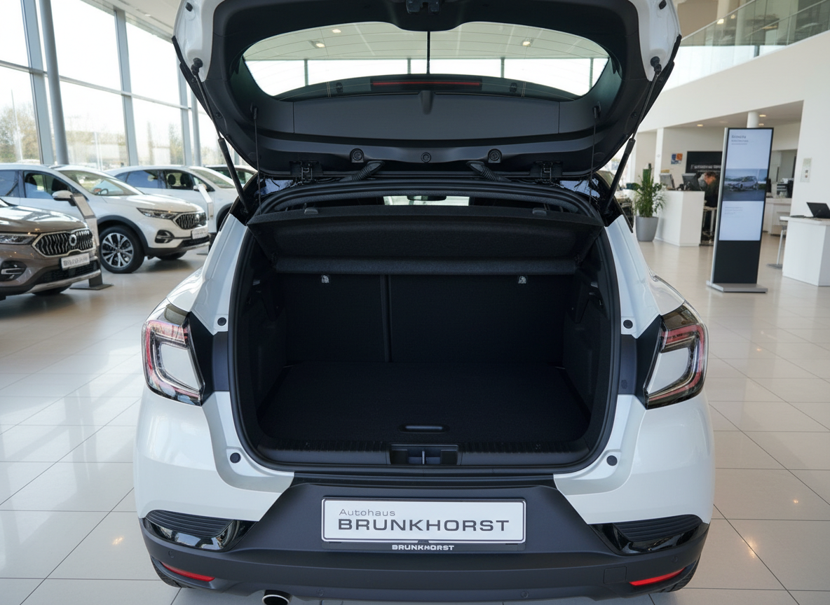 Weißer Kompakt-SUV mit geöffnetem Kofferraum im Autohaus Brunkhorst Showroom