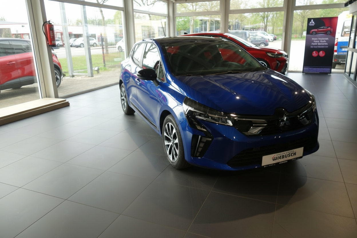 Blauer Mitsubishi Caris im Autohaus Wiebusch Showroom, Frontansicht