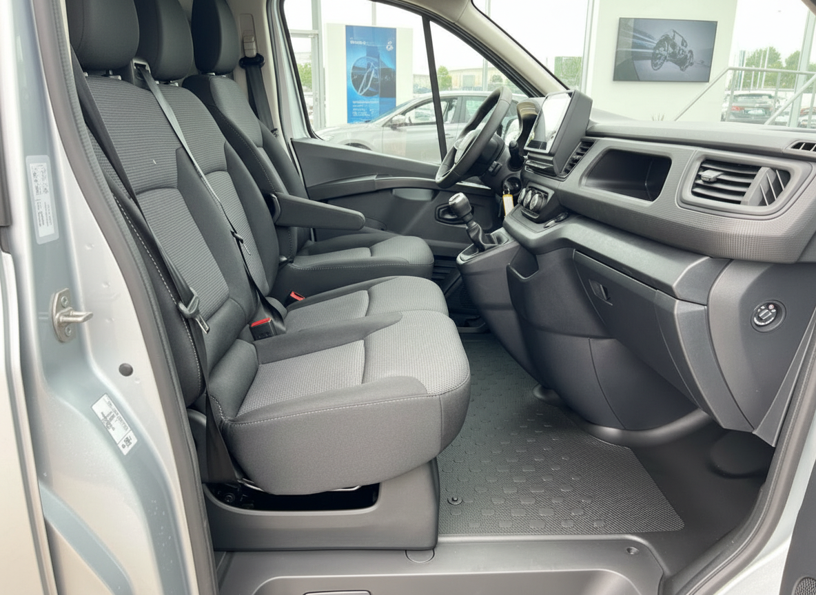 Opel Vivaro Innenraum Fahrerseite mit Doppelsitzbank und Schaltgetriebe in grauem Stoff