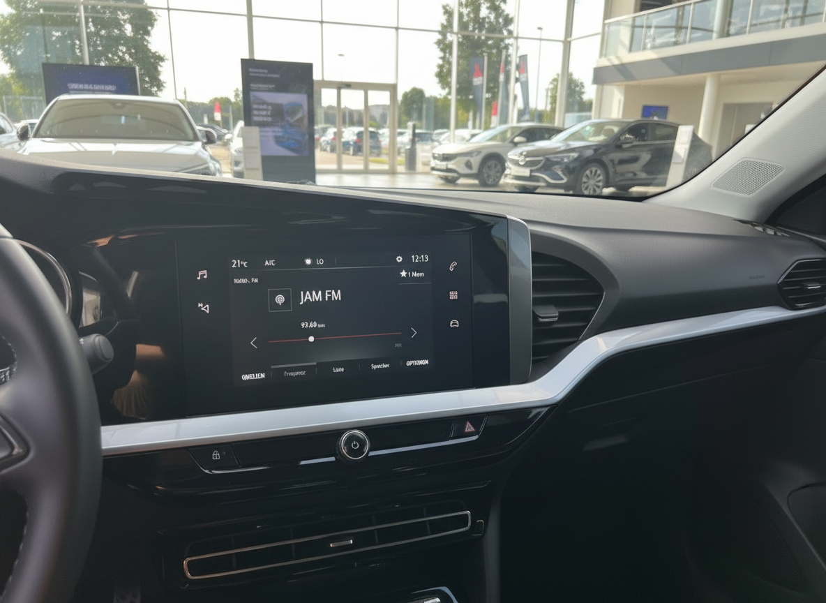 Opel Fahrzeug Innenraum mit Infotainment-Display JAM FM Radio im Autohaus