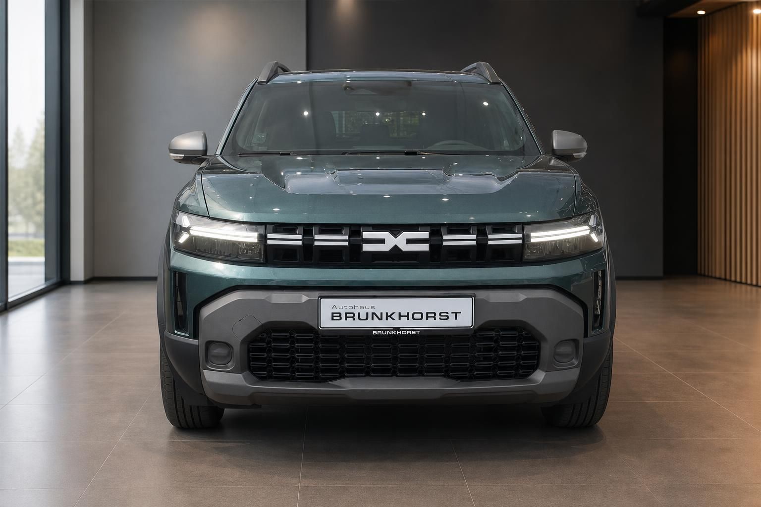Dacia Duster grün Frontansicht mit LED-Scheinwerfern im Showroom