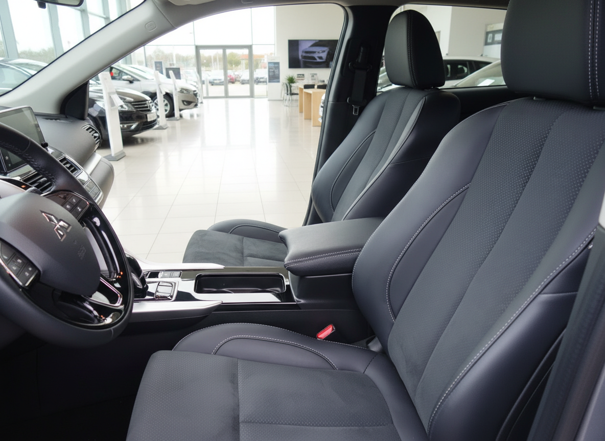 Mitsubishi Innenraum mit schwarzen Ledersitzen und modernem Cockpit im Autohaus