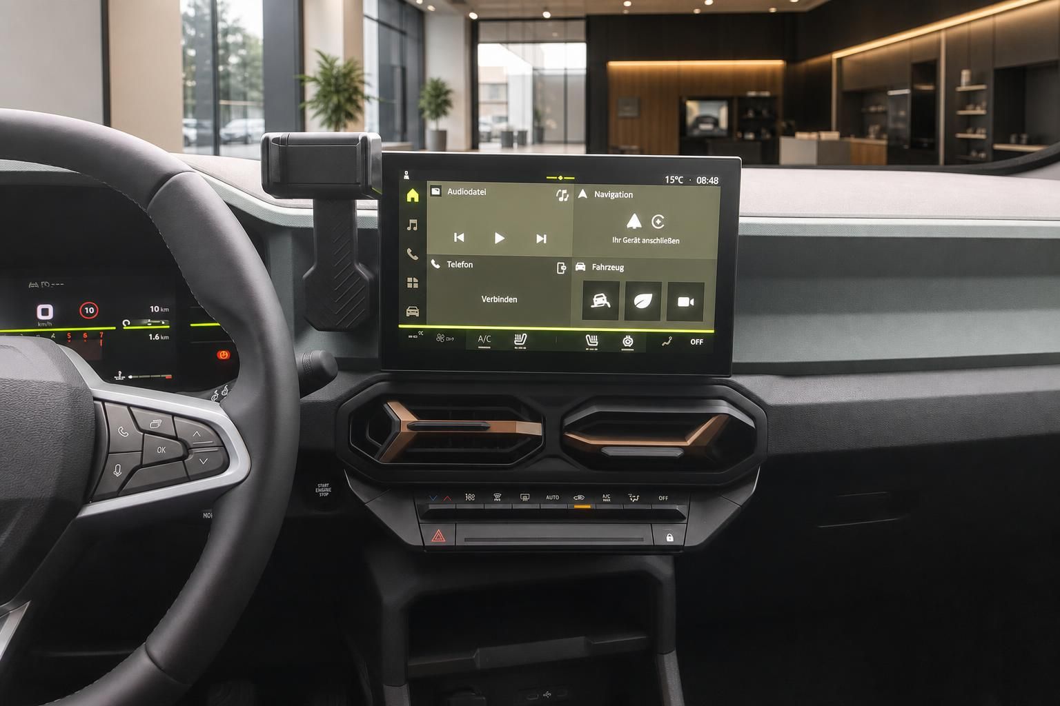 Infotainment-Display und Mittelkonsole im Fahrzeuginnenraum