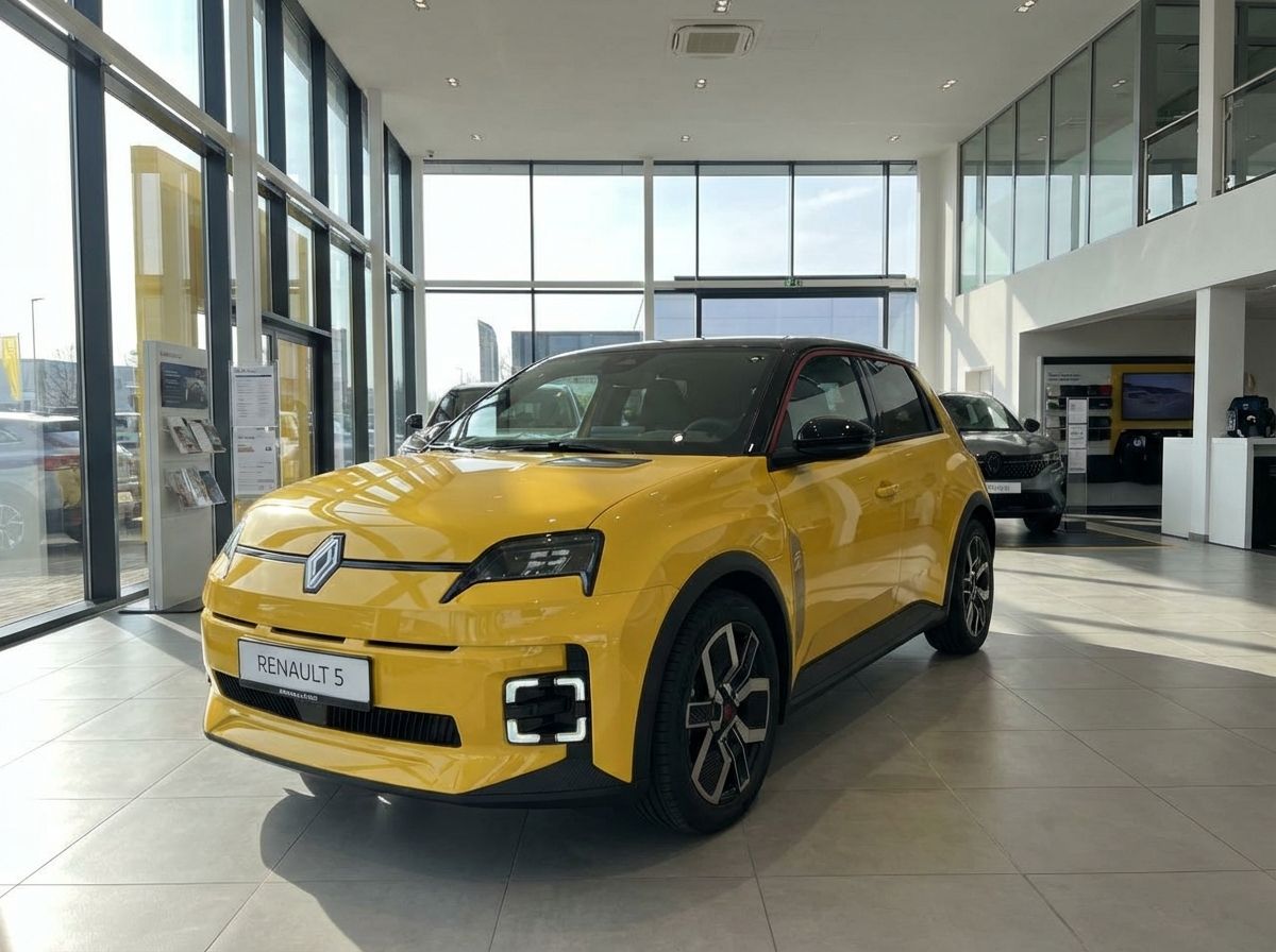 Renault 5 E-Tech Electric in Gelb im Autohaus-Showroom – modernes Elektroauto