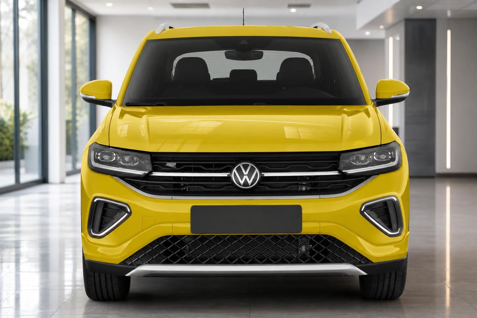 VW T-Cross gelb Frontansicht mit Kühlergrill und LED-Tagfahrlicht