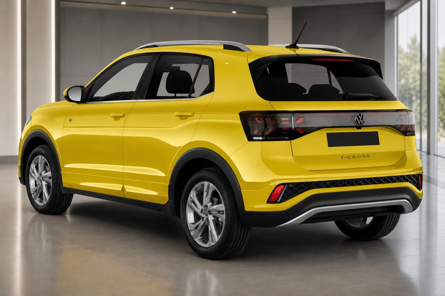 VW T-Cross in Gelb – Heckansicht im Showroom, SUV Kompaktklasse