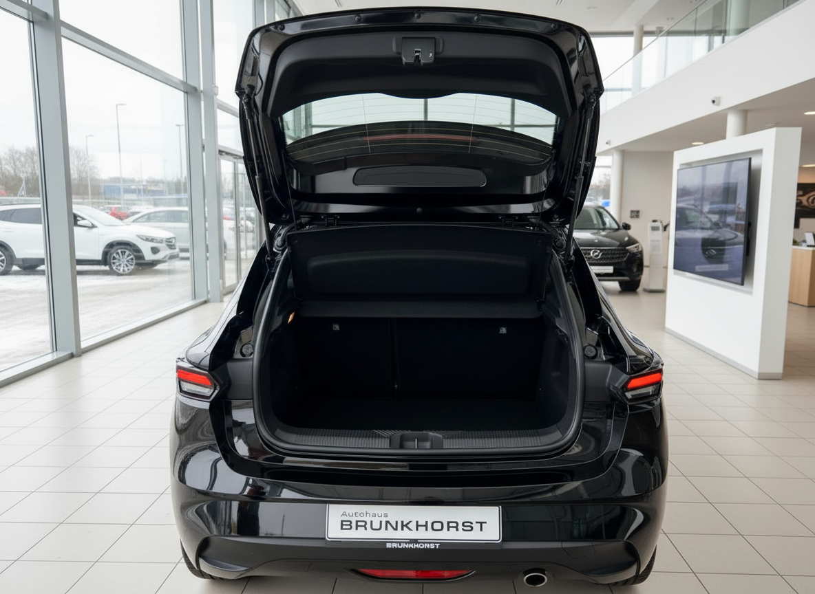 Schwarzer Hyundai mit geöffnetem Kofferraum im Autohaus Brunkhorst Showroom