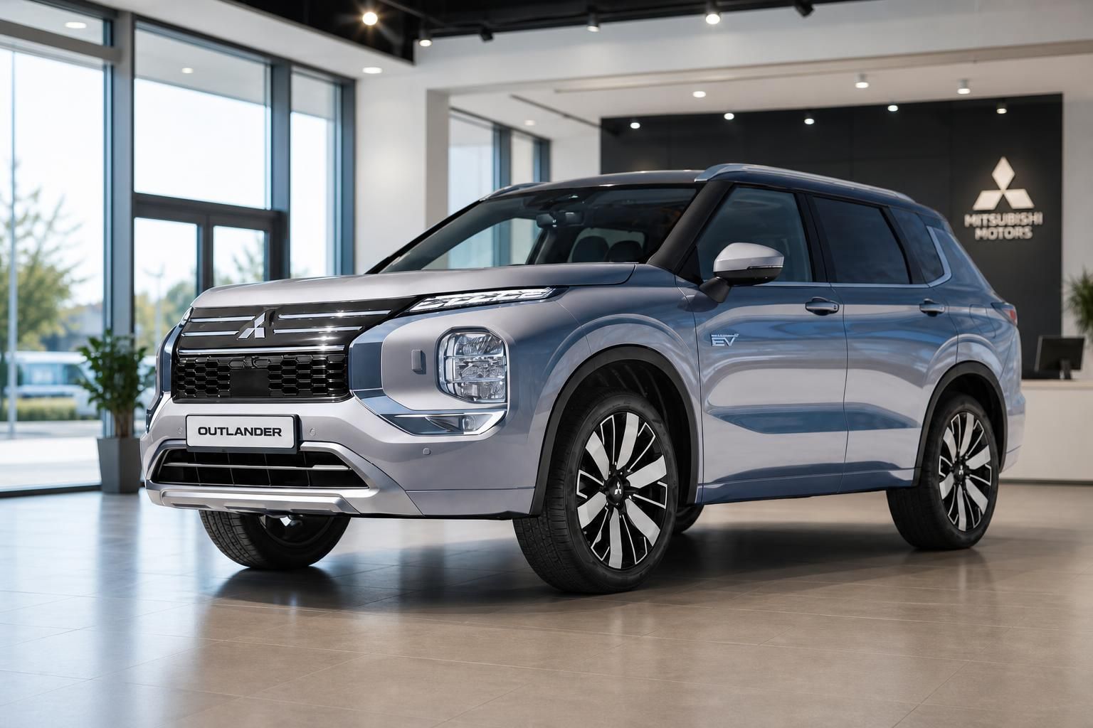 Mitsubishi Outlander EV in Grau-Blau im Autohaus-Showroom