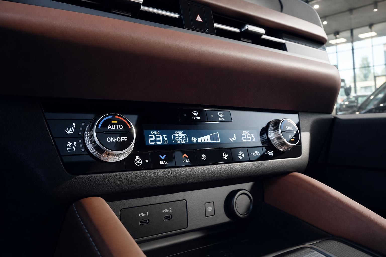 Klimabedienung und USB-Anschlüsse im Fahrzeuginnenraum