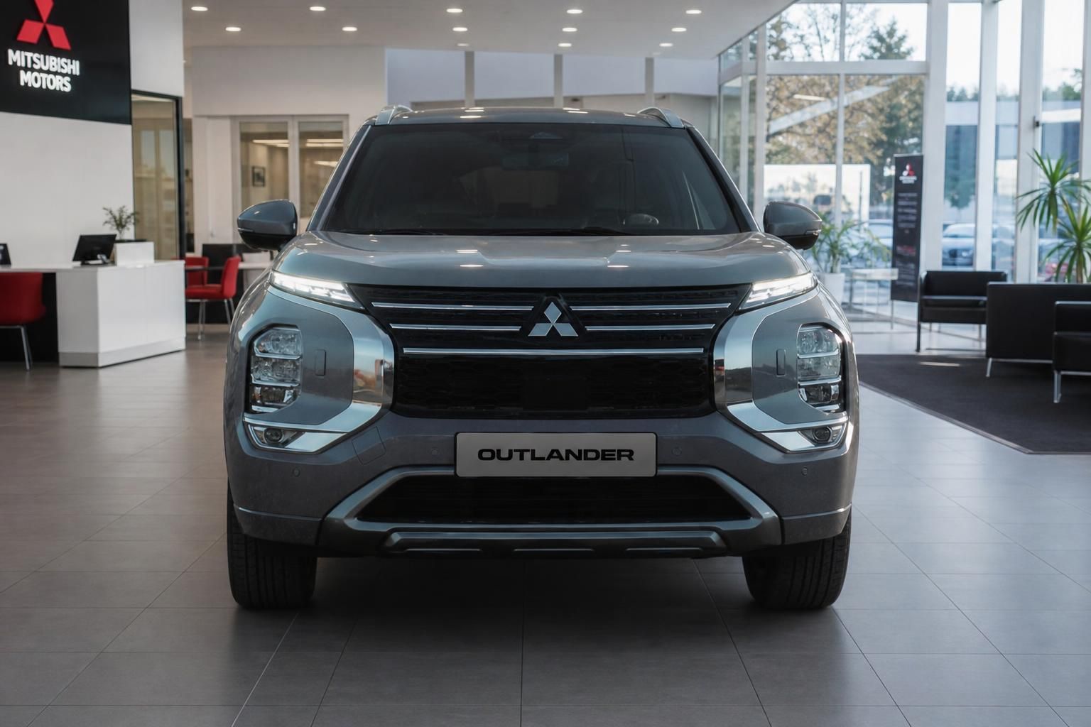 Mitsubishi Outlander SUV grau Frontansicht im Autohaus Showroom