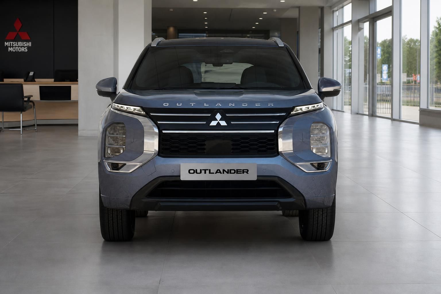 Mitsubishi Outlander blau Frontansicht mit Kühlergrill im Showroom
