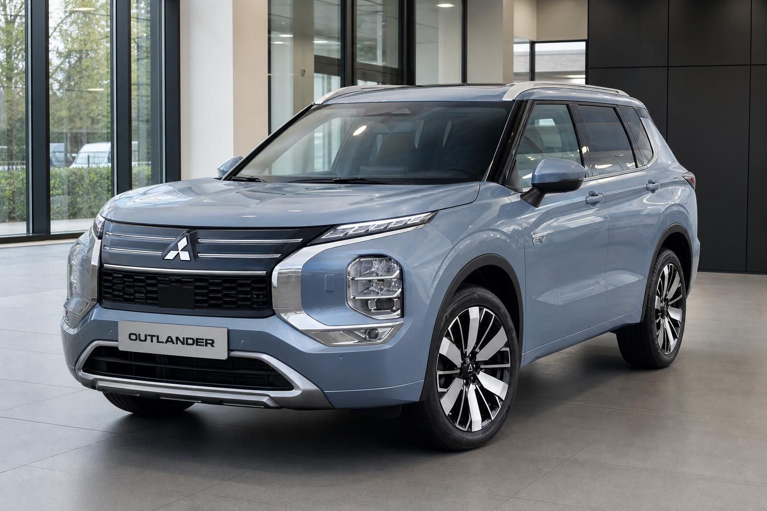 Mitsubishi Outlander EV blau Seitenansicht Frontpartie im Showroom
