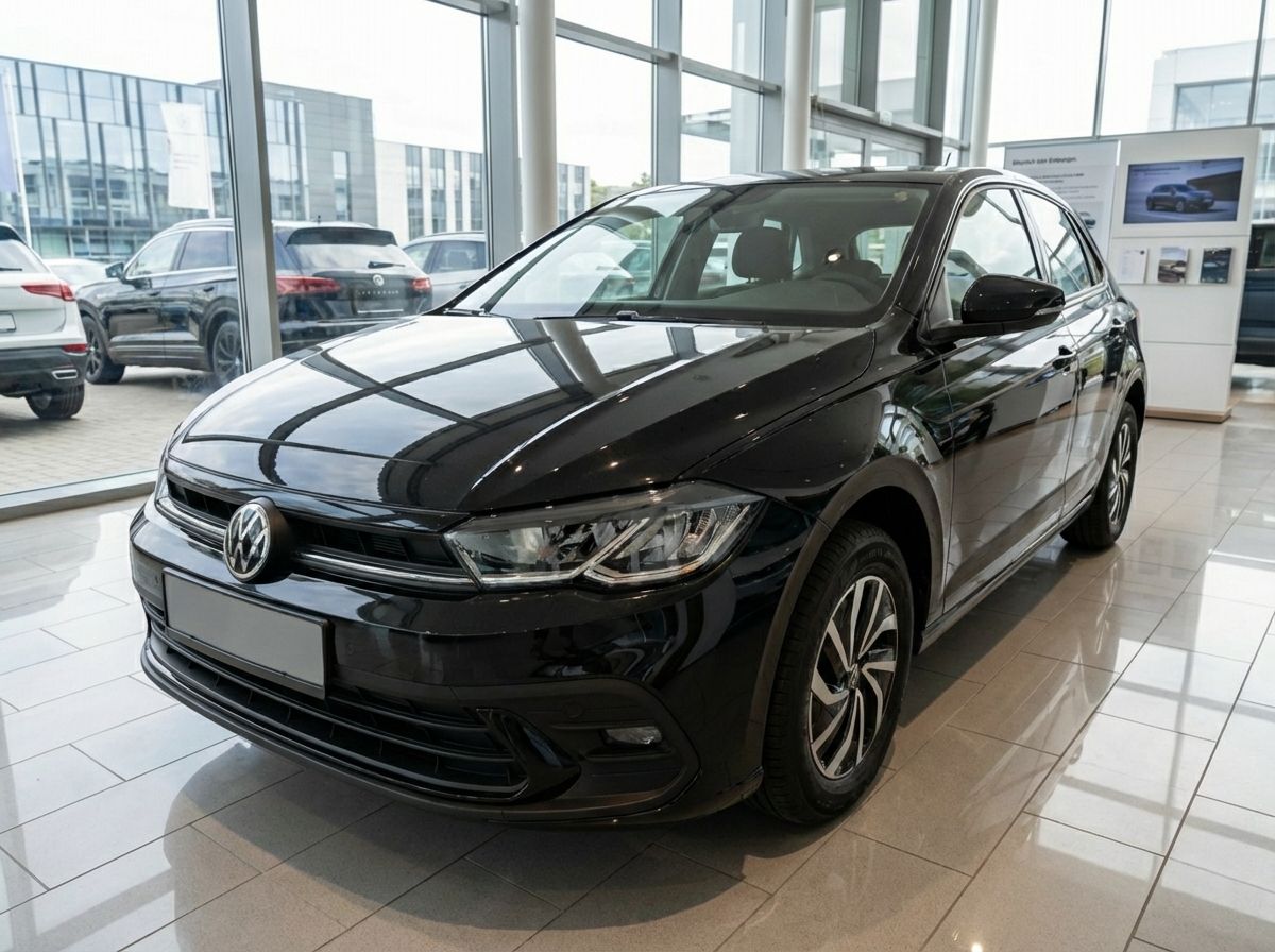 Schwarzer Volkswagen Polo Hatchback im VW-Autohaus Showroom