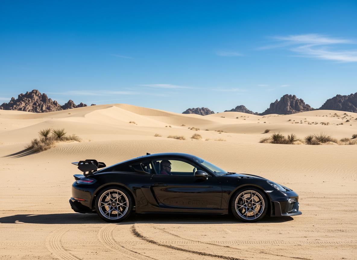 Schwarzer Porsche 718 Cayman GT4 RS im Showroom mit großem Heckflügel, silbernen Felgen und roter Akzentbeleuchtung vor schwarzer Wand mit gerahmten Porsche-Fotos