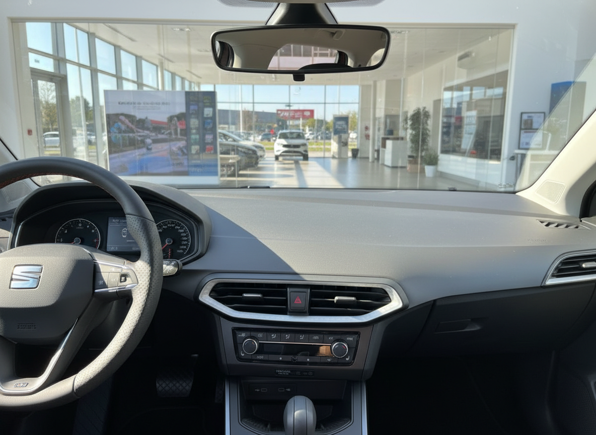 SEAT Innenraum Cockpit mit Lenkrad, Armaturenbrett und Mittelkonsole im Autohaus